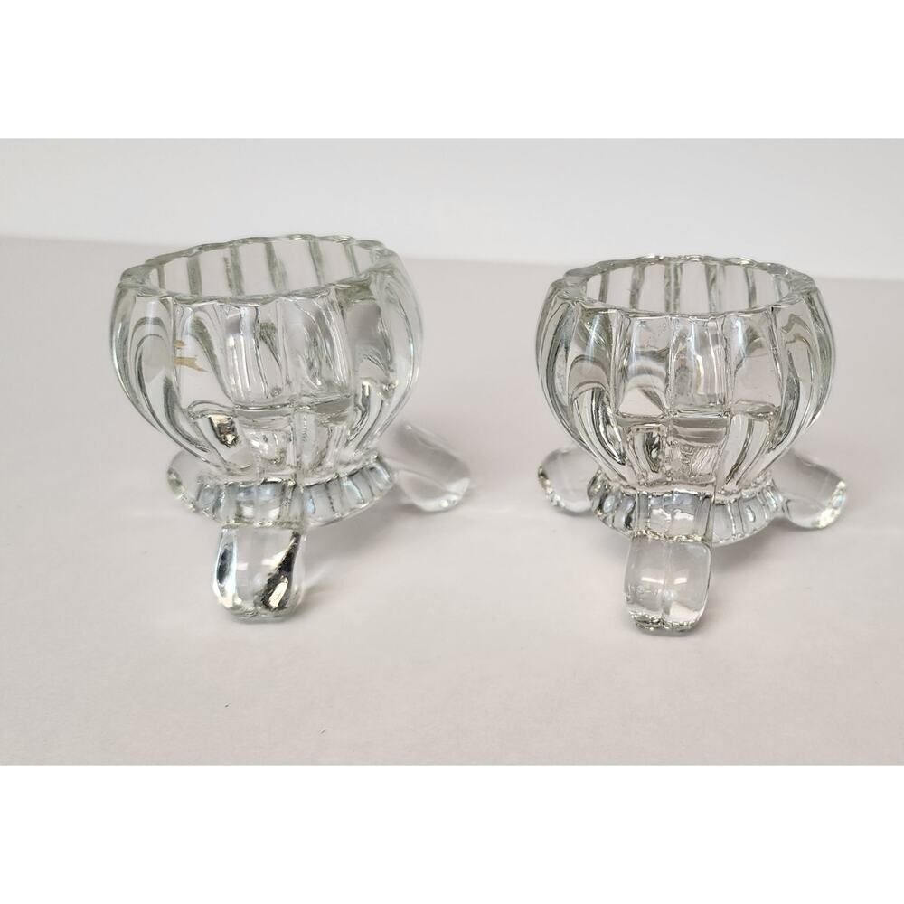 VTG 1950's Jeannette Clear Crystal Three Toe Candle Holder Set Taper & Votive